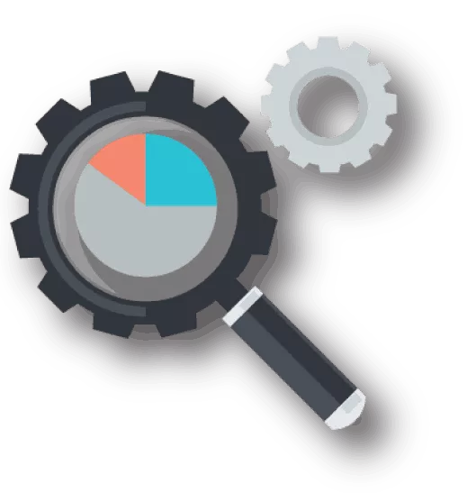 Magnifying glass over a pie chart and gear, symbolizing comprehensive digital presence audit and analysis for marketing effectiveness.