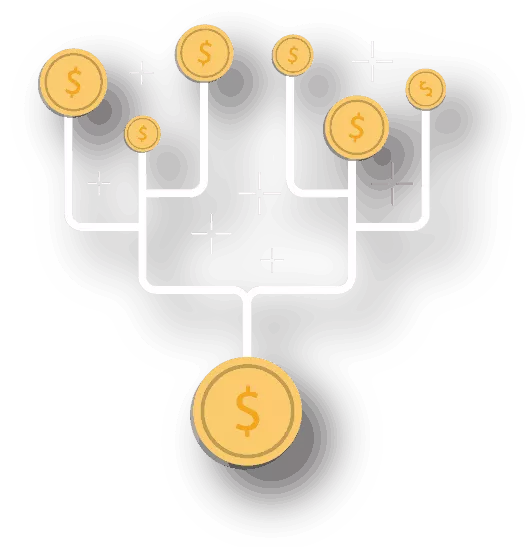Flowchart-style graphic illustrating a financial strategy with branching paths leading to multiple dollar coins, symbolizing growth and investment opportunities in digital marketing.