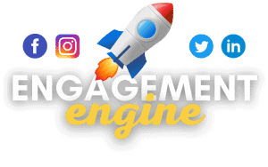 ENGAGEMENT ENGINE ROCKET-TRANSPARENT Engagement Engine logo featuring a rocket and social media icons for Facebook, Instagram, Twitter, and LinkedIn, symbolizing enhanced social media presence and engagement.