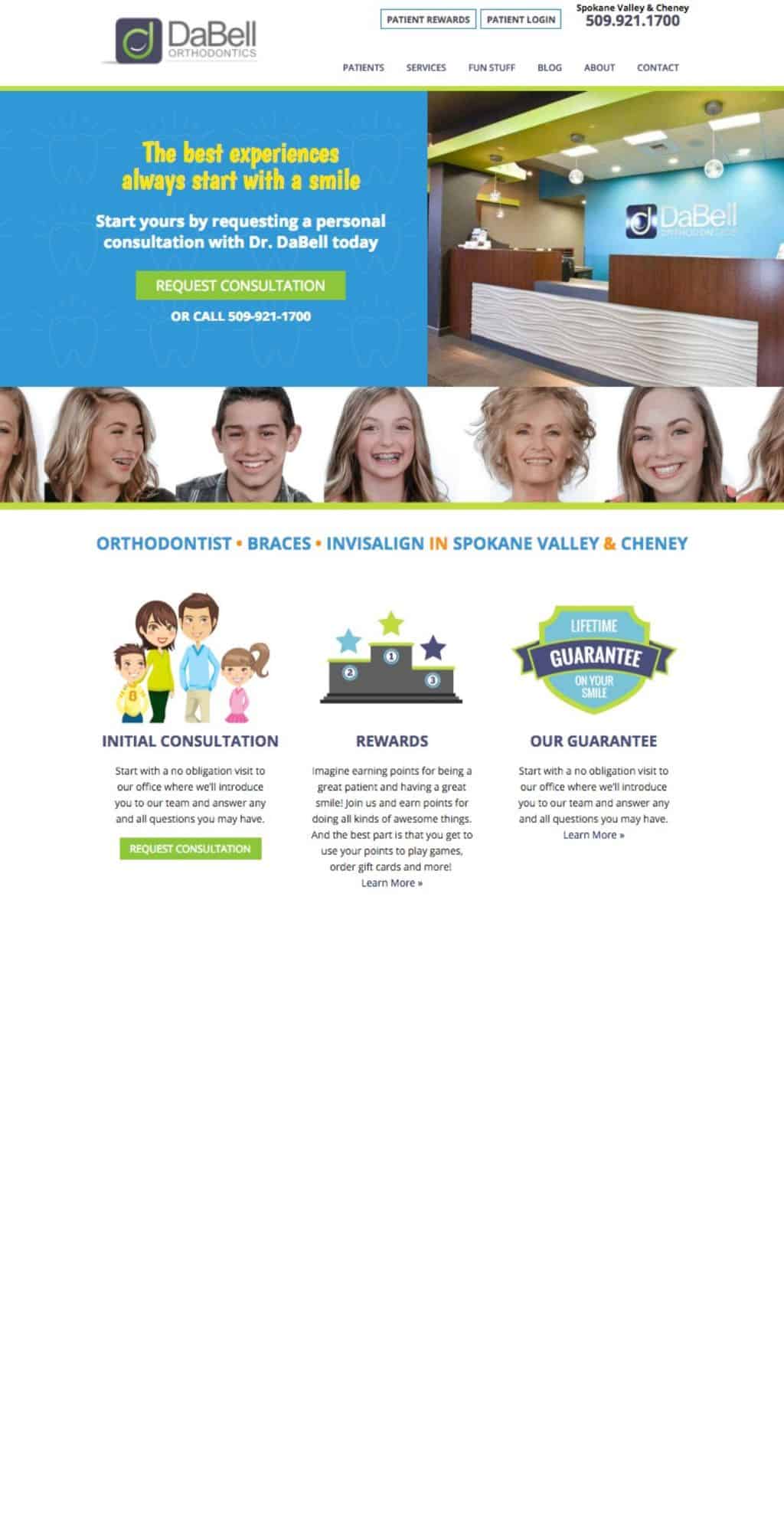 DaBell Orthodontics website showcasing a welcoming reception area with a friendly atmosphere, featuring a prominent logo, consultation call-to-action, and smiling patients, emphasizing orthodontic services in Spokane Valley and Cheney.