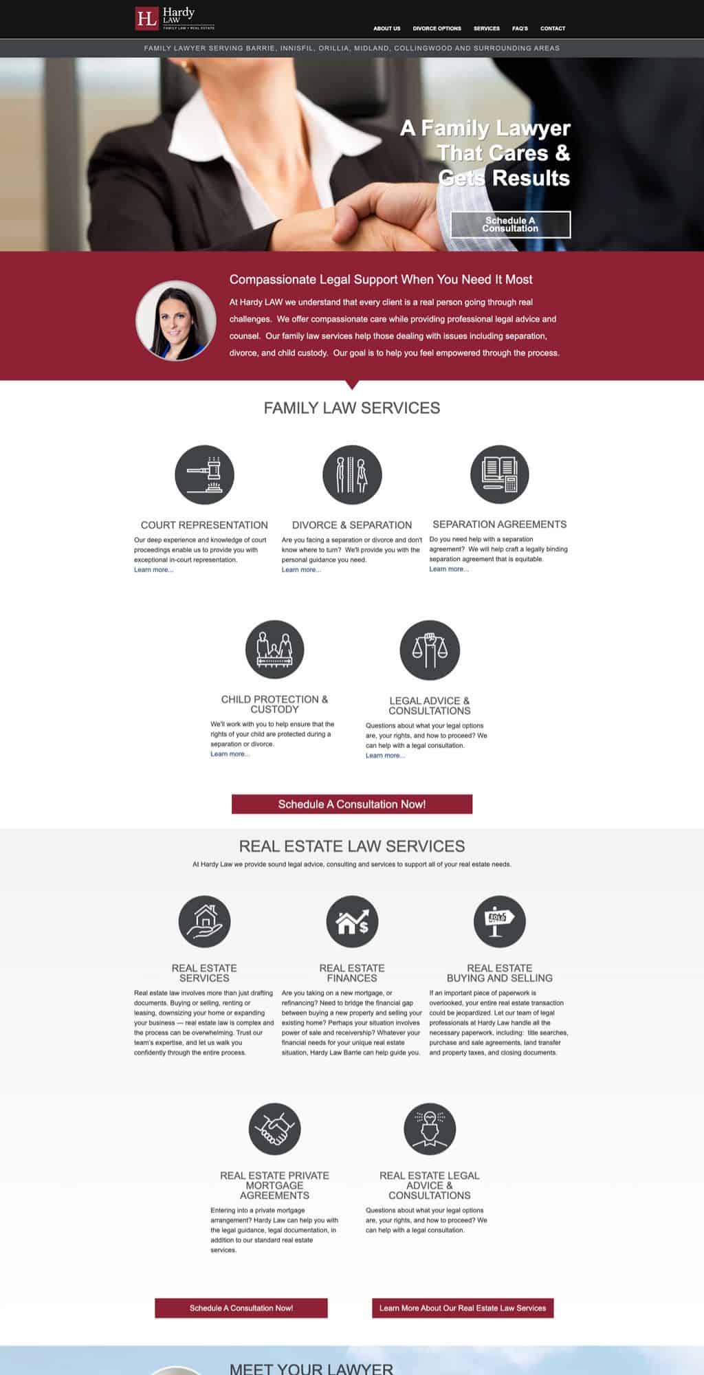 Family lawyer website design featuring professional layout, engaging visuals, and clear service offerings for family and real estate law, emphasizing client-centered approach and consultation scheduling.