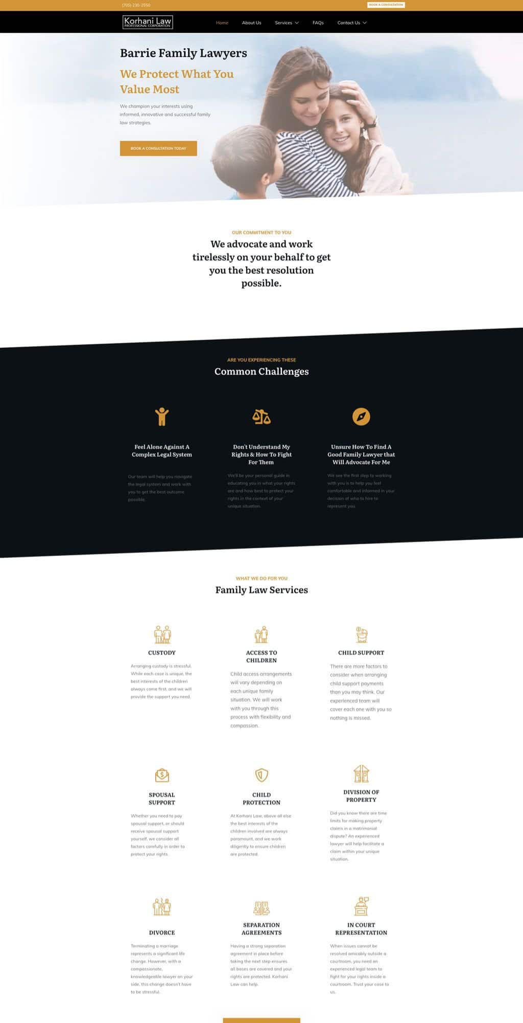 Barrie Family Lawyers website showcasing family law services, emphasizing protection of client values, commitment to advocacy, and resolution support.