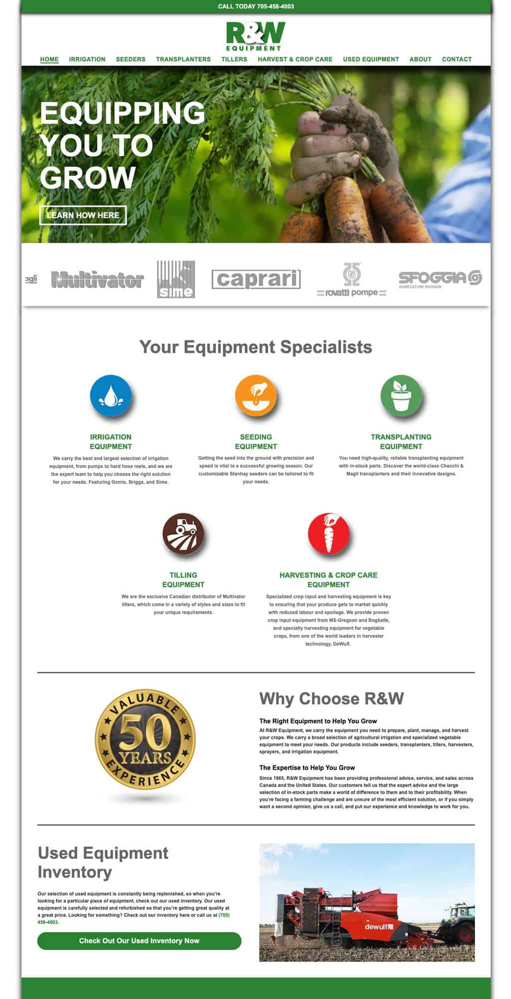 Image of R&W Equipment website showcasing agricultural tools and equipment, featuring a tagline "Equipping You to Grow" and a focus on various categories like irrigation, seeding, and harvesting equipment, reflecting Outsourced Marketing's website design and development services.