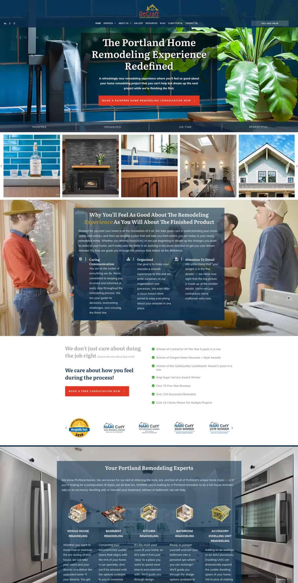 Portland home remodeling website showcasing modern kitchen and living space designs with vibrant colors, professional craftsmanship, and engaging visuals representing quality home improvement services.
