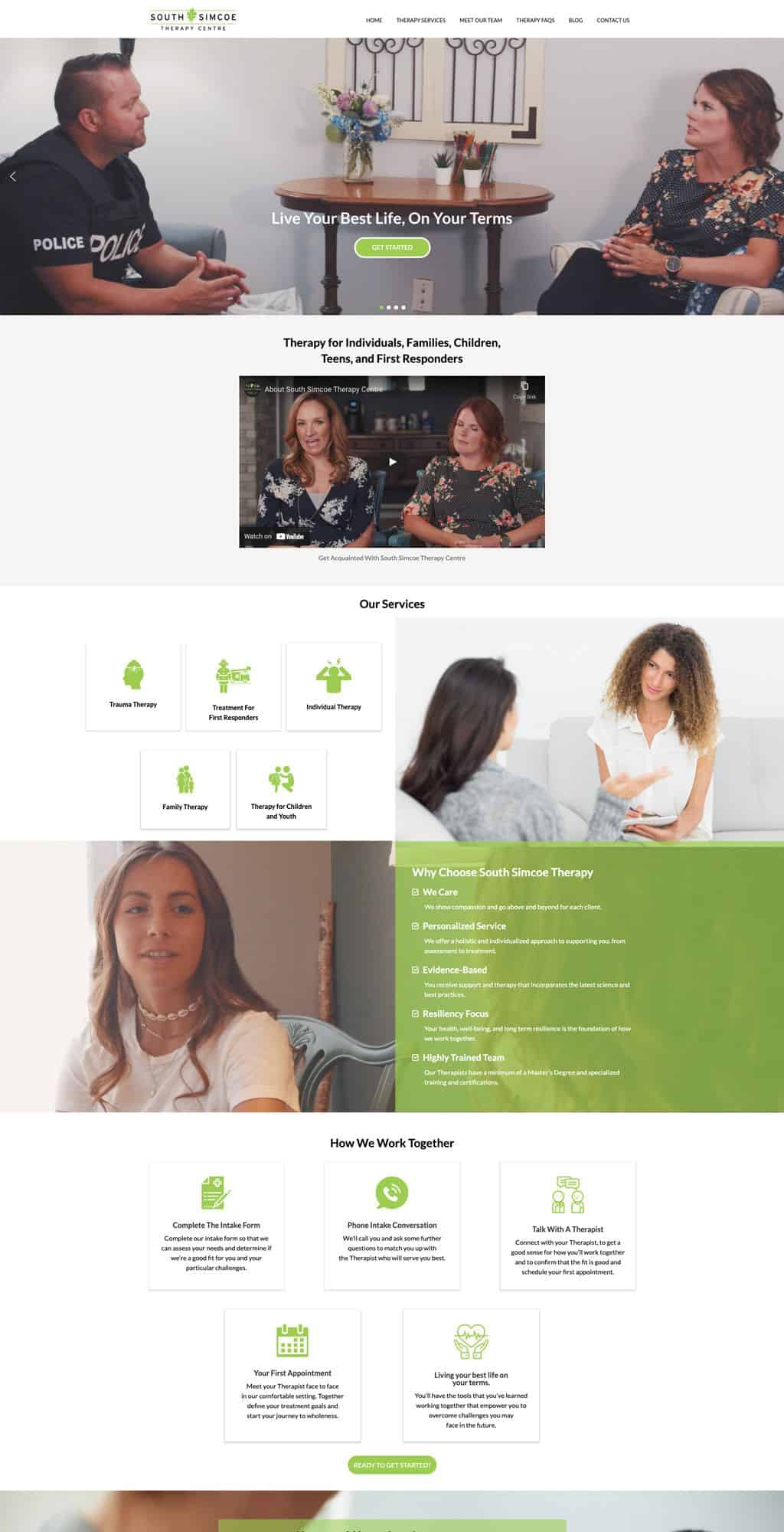 Image of a professional website design showcasing therapy services, featuring a clean layout, engaging visuals, and clear calls-to-action, emphasizing user-friendly navigation and branding for South Simcoe Therapy Centre.