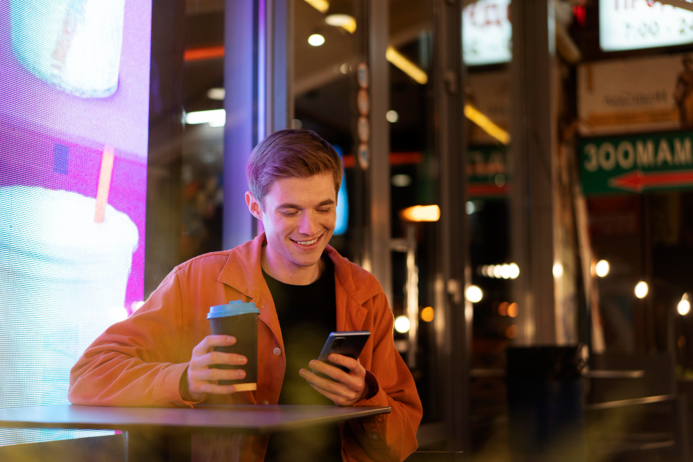 Turning haters into fans - Young man sitting at a table in a cafe at night, holding a takeaway coffee cup and looking at his phone, with colorful lights in the background.