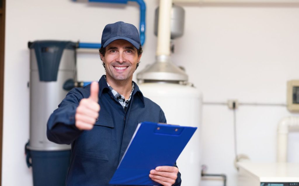 A technician in a blue uniform and cap holds a clipboard and gives a thumbs-up in a room with industrial equipment.
