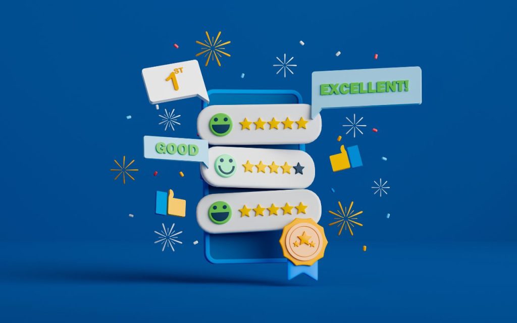 3D illustration of a digital review screen showing three smiley faces with ratings, labeled "GOOD" and "EXCELLENT," surrounded by stars, thumbs up, and a first place badge.