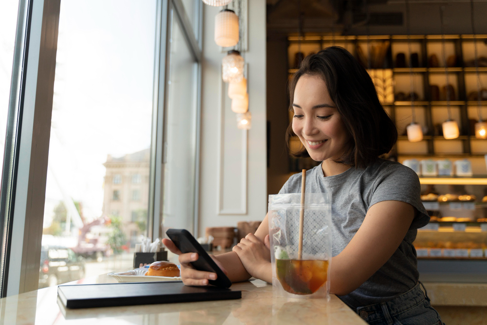 A woman sits at a café table by the window, smiling at her phone. There is a drink, a pastry, and a closed laptop on the table.
