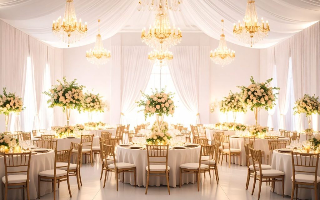 Elegant banquet hall with round tables, gold chairs, white tablecloths, and large floral centerpieces under chandeliers and draped white fabric.