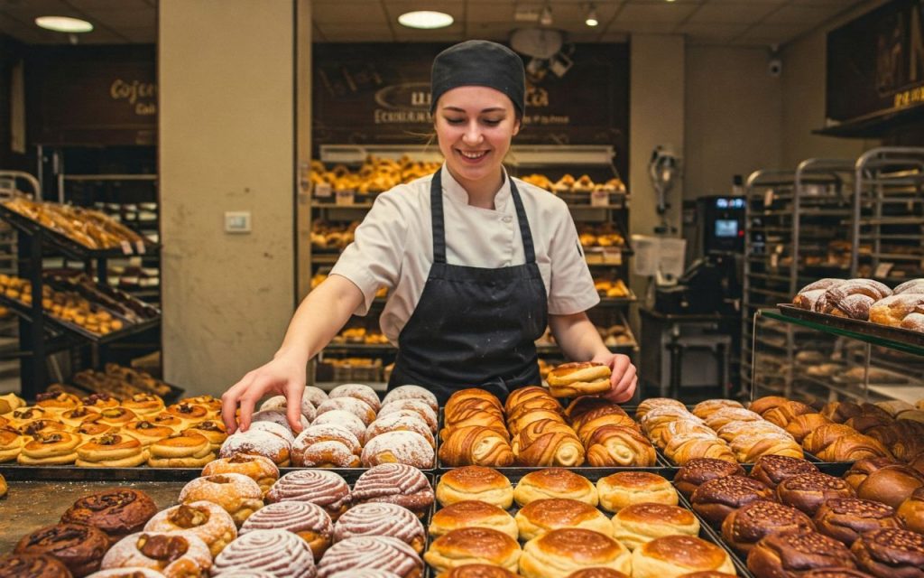 AI Agent That Handles the Rush - A bakery worker in uniform arranges a variety of pastries on trays, with shelves of more baked goods visible in the background.