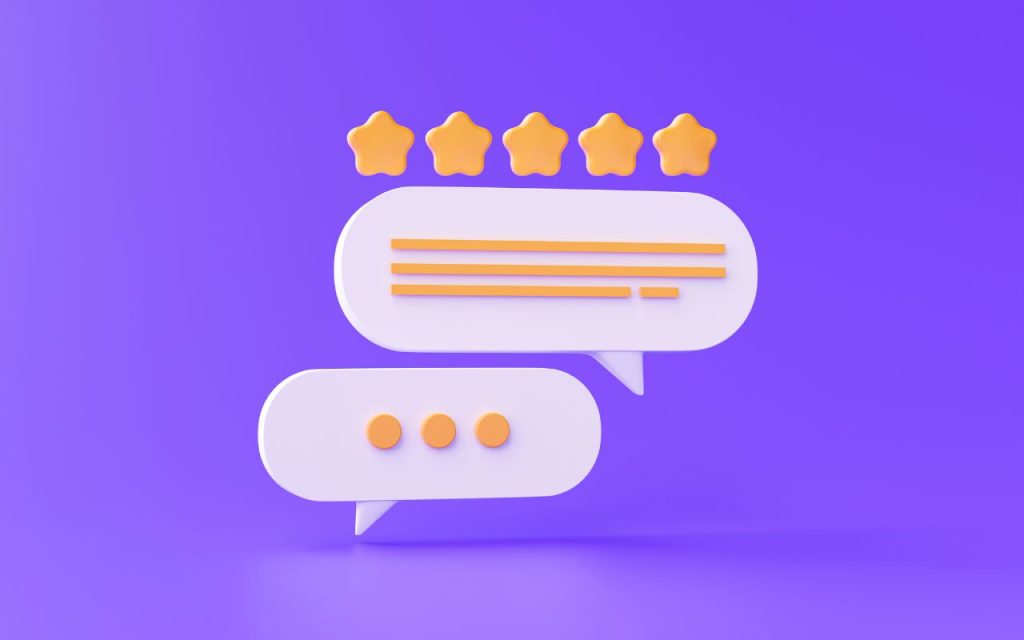 3D illustration of two chat bubbles and five yellow stars above them on a purple background, representing a five-star review or feedback.
