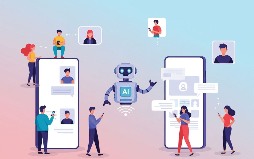 Illustration of people interacting with smartphones and large screens, with a central robot labeled "AI" facilitating communication and messaging between users.