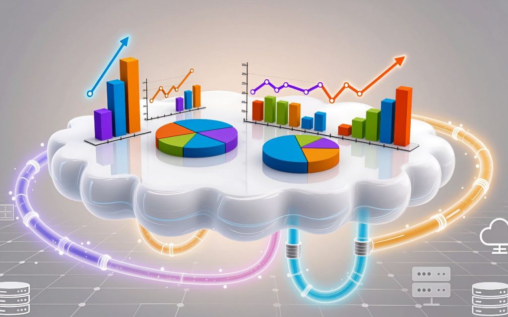 Cutting through the trend circus - A cloud platform displays colorful bar and pie charts with data lines, representing data analytics and cloud computing, connected by cables to digital icons.