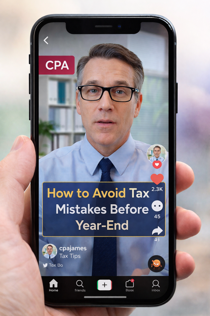 A person in glasses appears on a smartphone screen in a TikTok video titled "How to Avoid Tax Mistakes Before Year-End" with engagement icons and the username cpajames visible.