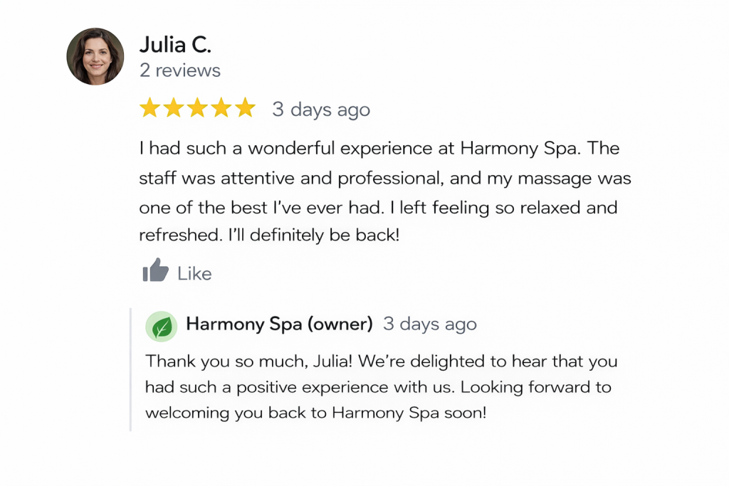 A woman named Julia C. leaves a 5-star review for Harmony Spa, praising the staff and her massage; the owner replies, thanking her for the positive feedback.
