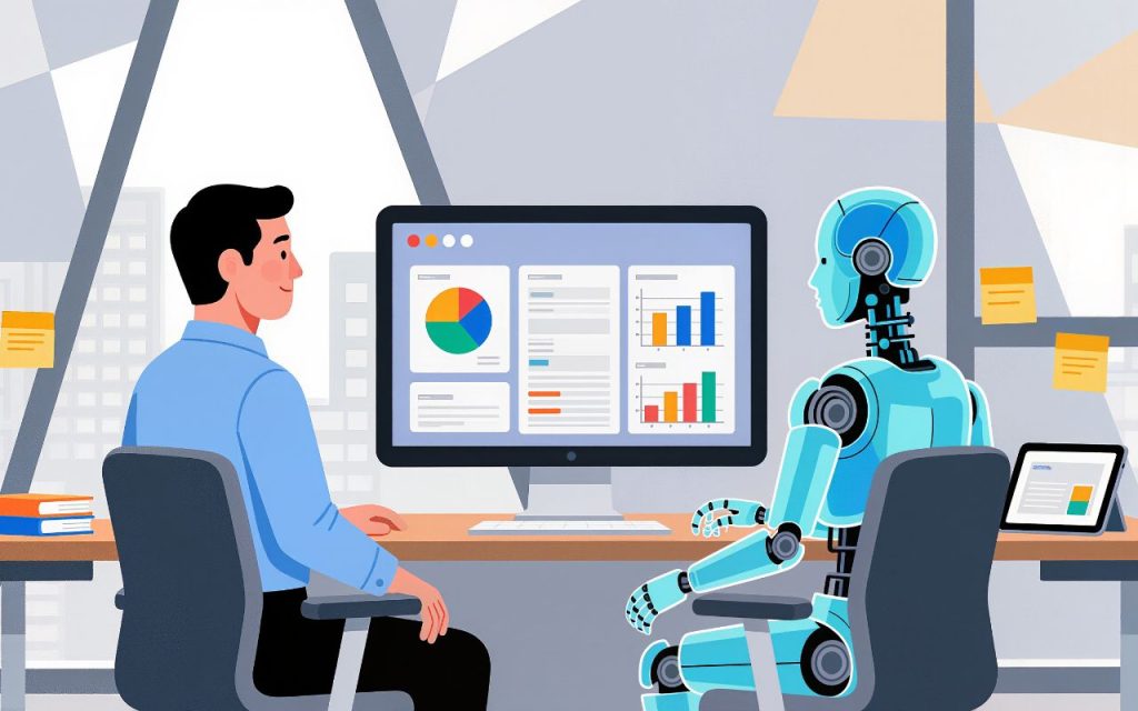 2026 marketing trends - are you using AI well? A man and a robot sit at a desk facing a computer monitor displaying charts and graphs, suggesting a collaborative work environment.