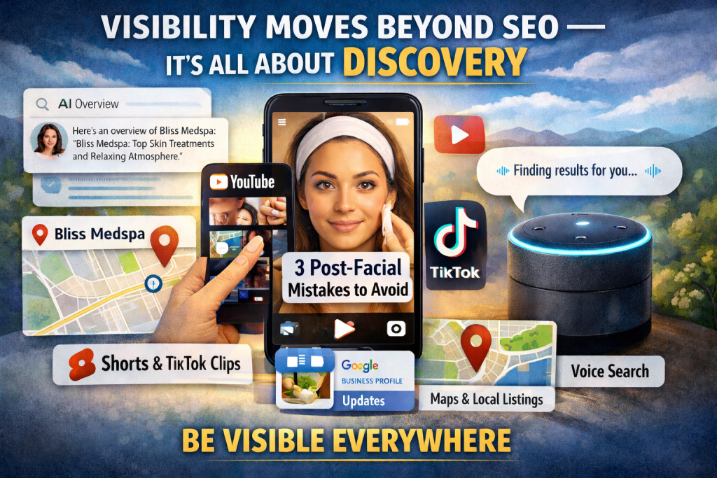 A graphic shows a phone displaying "3 Post-Facial Mistakes to Avoid," surrounded by icons for YouTube, TikTok, maps, voice search, and search results, with the text "Be Visible Everywhere.
