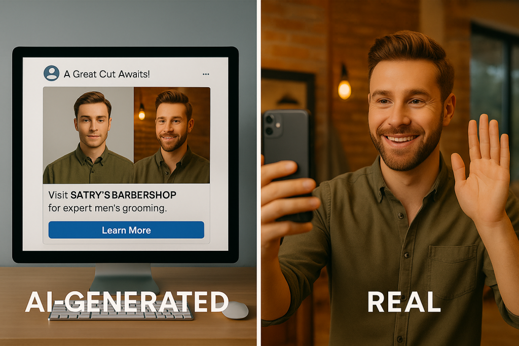 Split image showing an AI-generated barbershop ad on a computer screen on the left and a real man waving at his phone on the right. Labels read "AI-GENERATED" and "REAL.