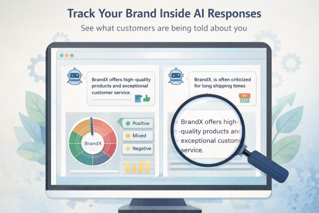 A computer screen displays AI-generated customer feedback for BrandX, with sentiment analysis graphs and a magnifying glass highlighting a sample response.