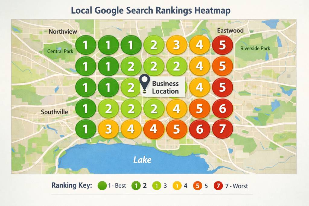 A heatmap shows local Google search rankings for a business location, with areas ranked from 1 (best) in green near the center to 7 (worst) in red further away.