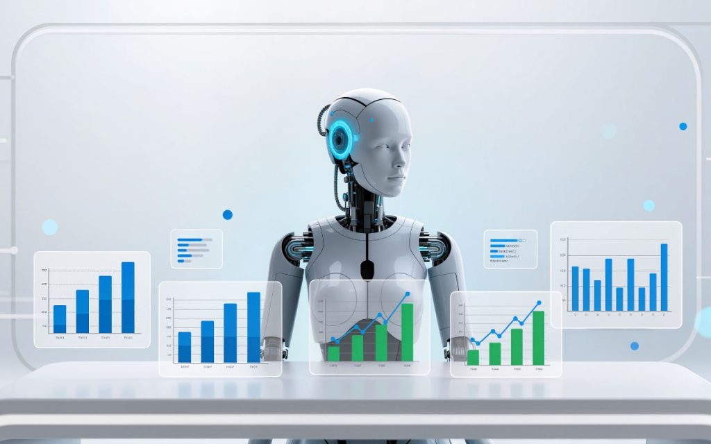 A humanoid robot interacts with transparent digital screens displaying bar and line graphs in a modern, futuristic setting.