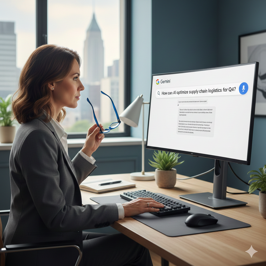 A woman in business attire sits at a desk, looking at a computer screen displaying a search about AI optimizing supply chain logistics. An office window with a city skyline is in the background.