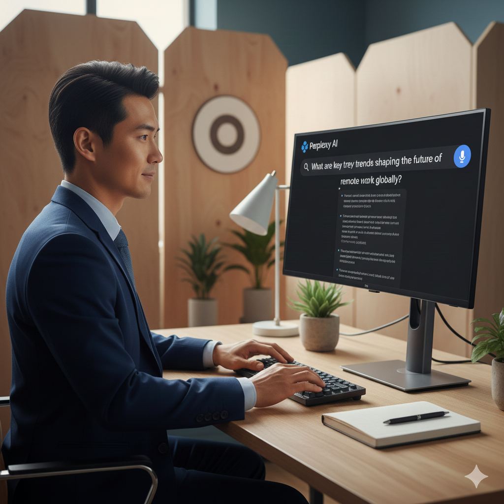 A man in a suit sits at a desk in an office, typing on a computer displaying a search about remote work trends, with plants and office supplies around him.