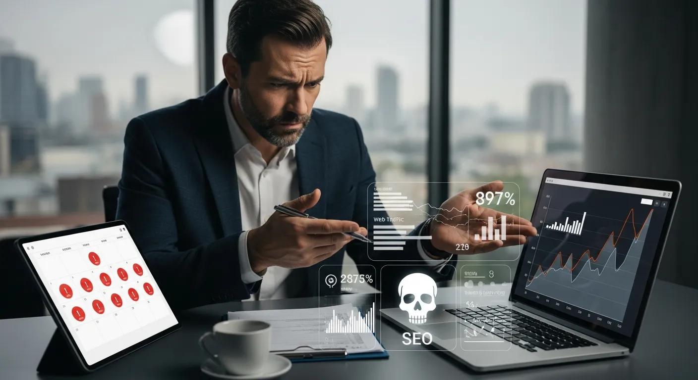 The cost of delaying SEO investment! Concerned business owner reviewing declining website traffic, emphasizing the risks of delaying SEO