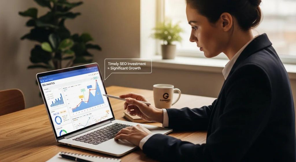 A woman in business attire points to a graph on a laptop screen displaying SEO analytics, with a caption highlighting the impact of timely SEO investment on growth.