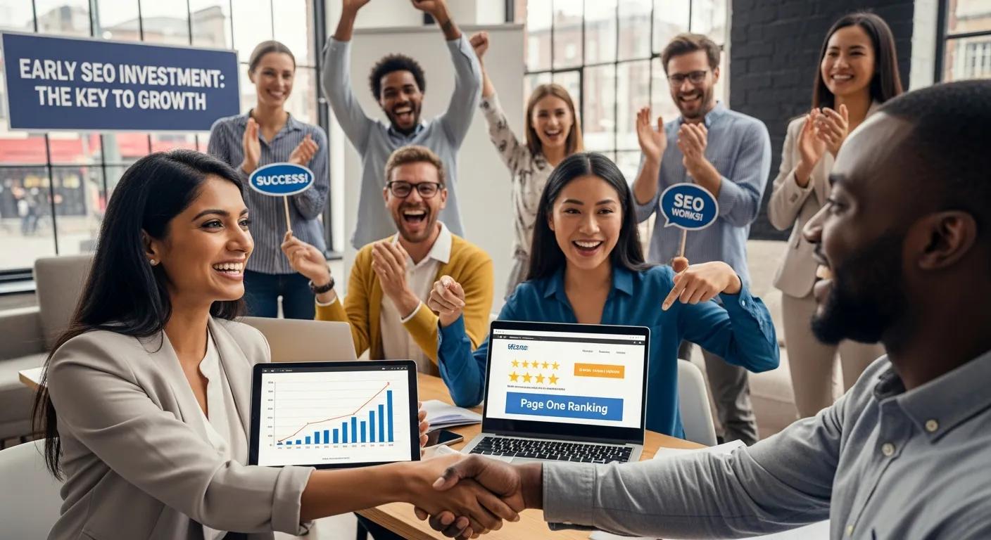 Diverse small business owners celebrating success, highlighting the benefits of early SEO investment