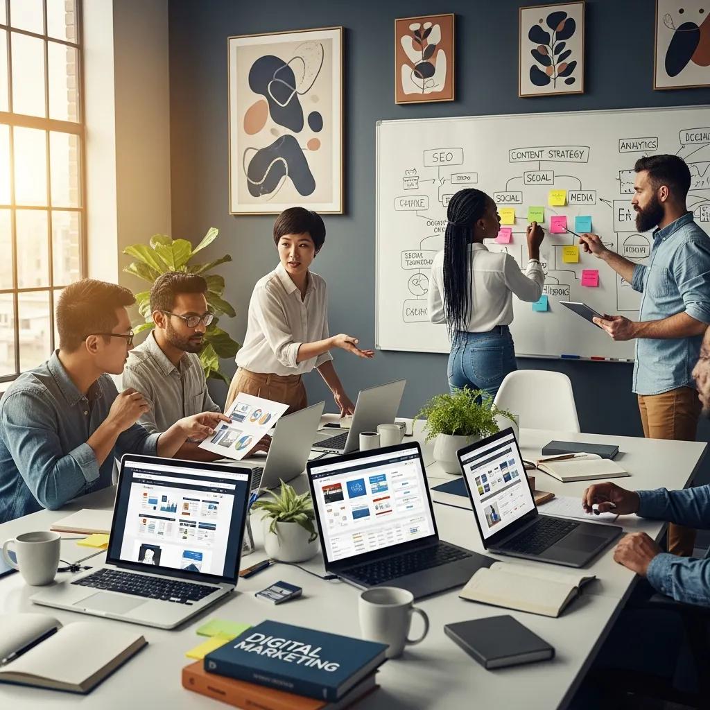 Diverse digital marketing team collaborating in a modern office