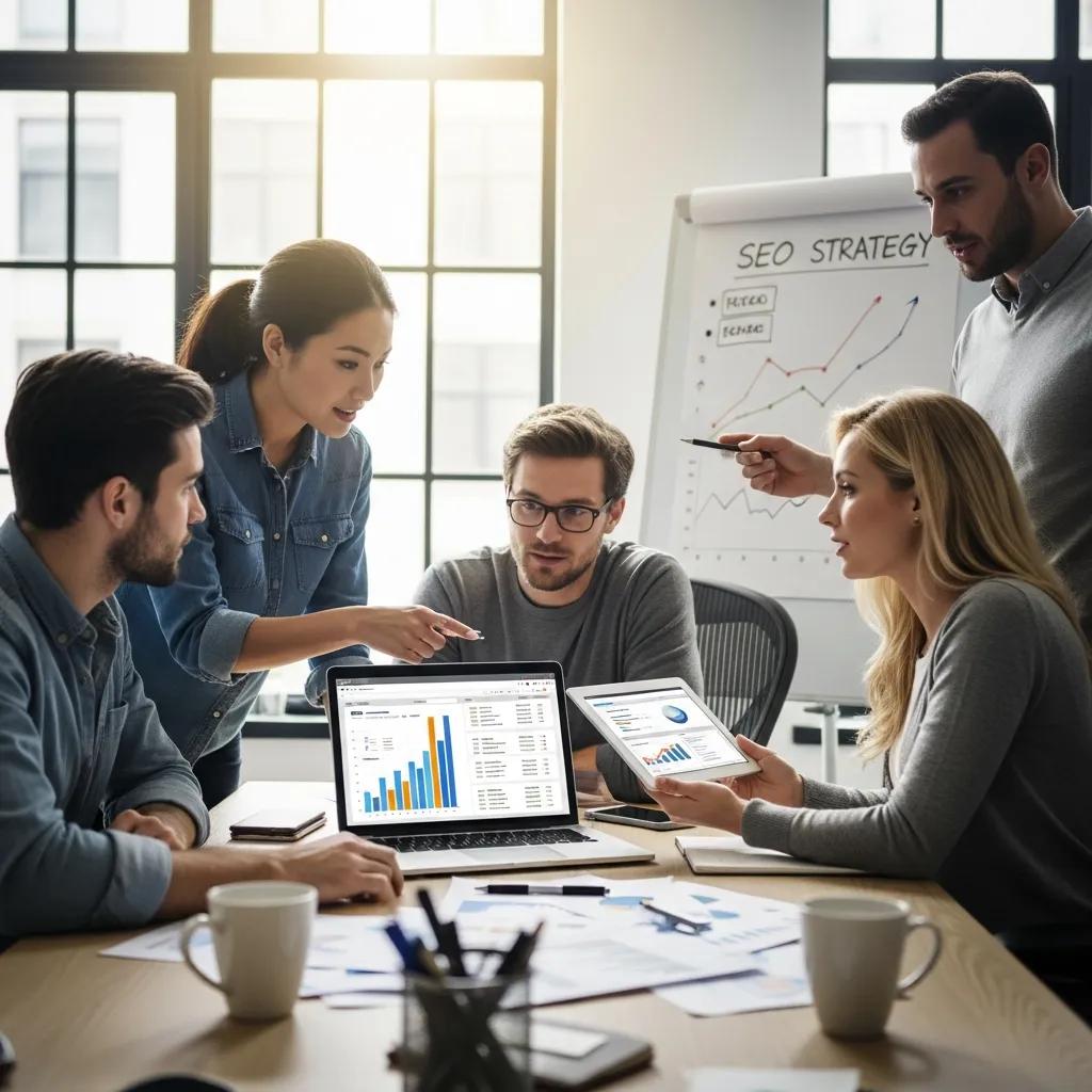 Diverse team collaborating on SEO strategies with a laptop in a modern office