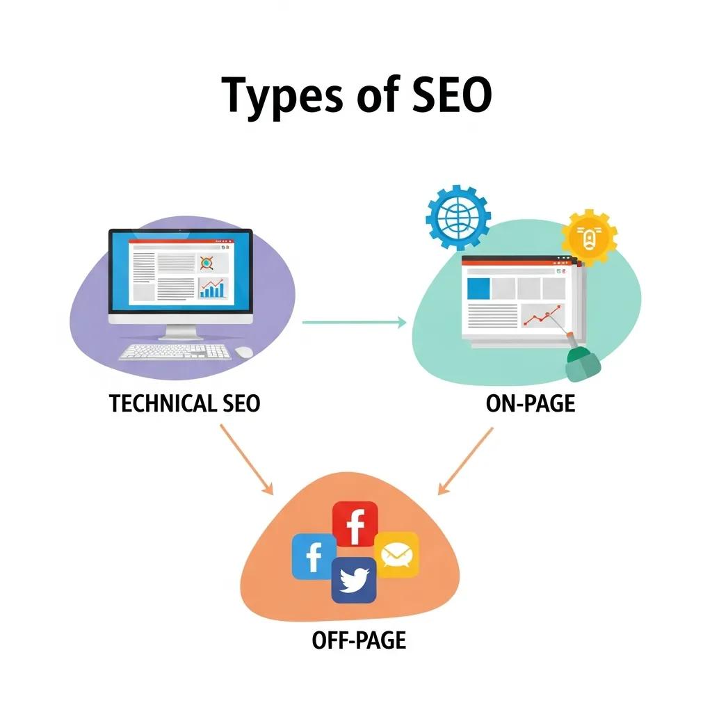 Visual representation of the three types of SEO: Technical, On-Page, and Off-Page