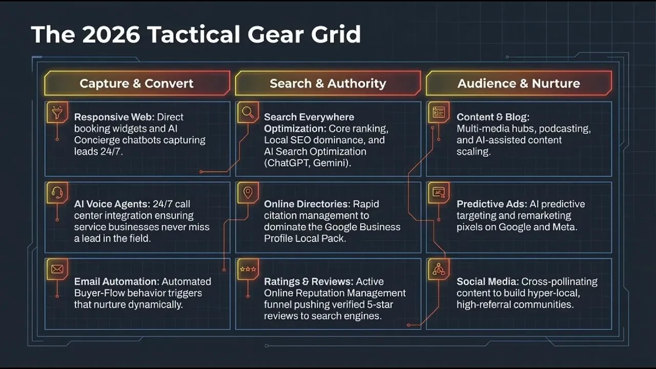 The 2026 tactical gear grid highlighting capture and convert, search and authority, and audience and nurture