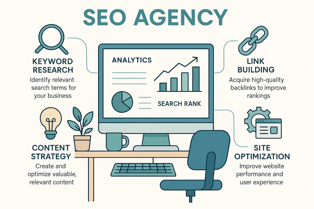Infographic titled "SEO Agency" showing a computer and icons for keyword research, content strategy, analytics, link building, and site optimization, each with brief descriptions.