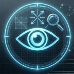 A digital graphic of an eye symbol inside a circular interface, with icons of a magnifying glass, arrows, and a grid, all in blue tones on a dark background.