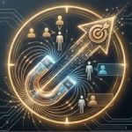 Illustration of a magnet attracting people icons, an arrow pointing to a target, and network diagrams, symbolizing customer attraction and business growth.