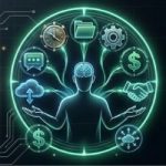 A digital illustration of a person with a brain highlighted, surrounded by icons representing money, cloud storage, chat, files, gears, and a handshake, symbolizing information management.