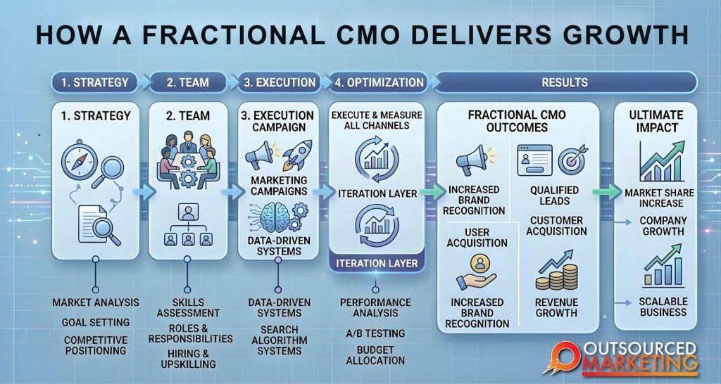 Flowchart explaining how a fractional CMO delivers growth, detailing steps from strategy and team formation to execution, optimization, and resulting business impacts.