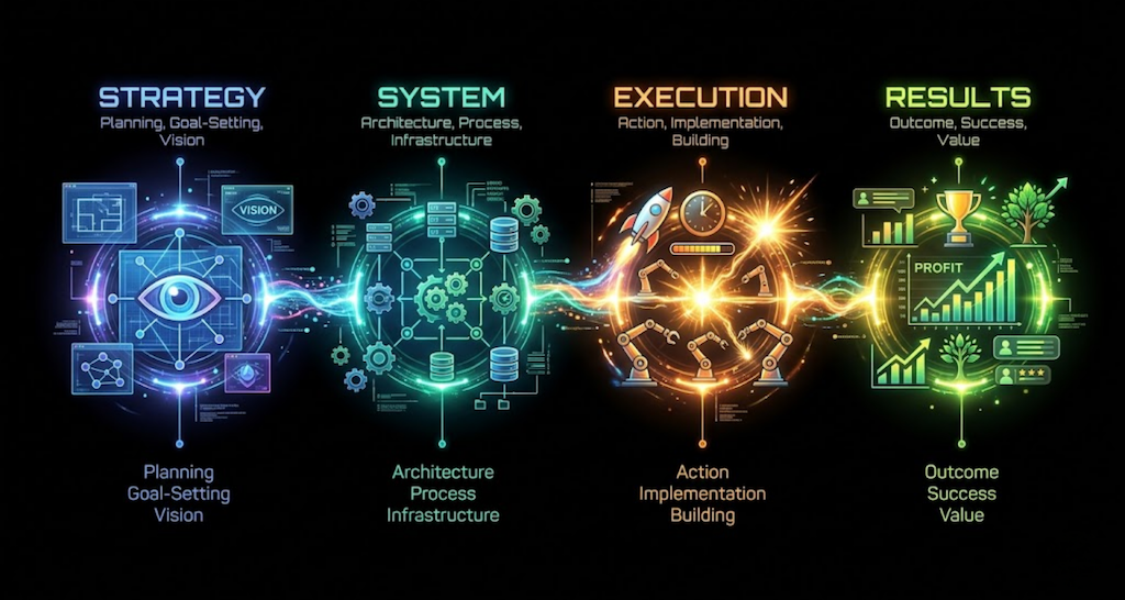 A flowchart illustrates four business phases: Strategy, System, Execution, and Results, each with icons and keywords summarizing their focus and process.