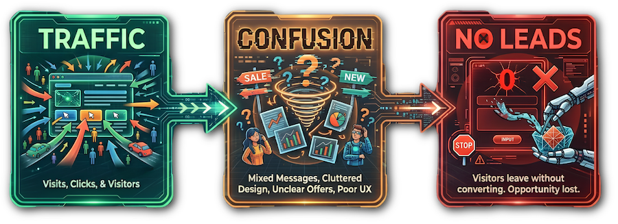 Three panels show website traffic turning into confusion with mixed messages, then resulting in no leads as visitors leave without converting. Arrows connect each stage.