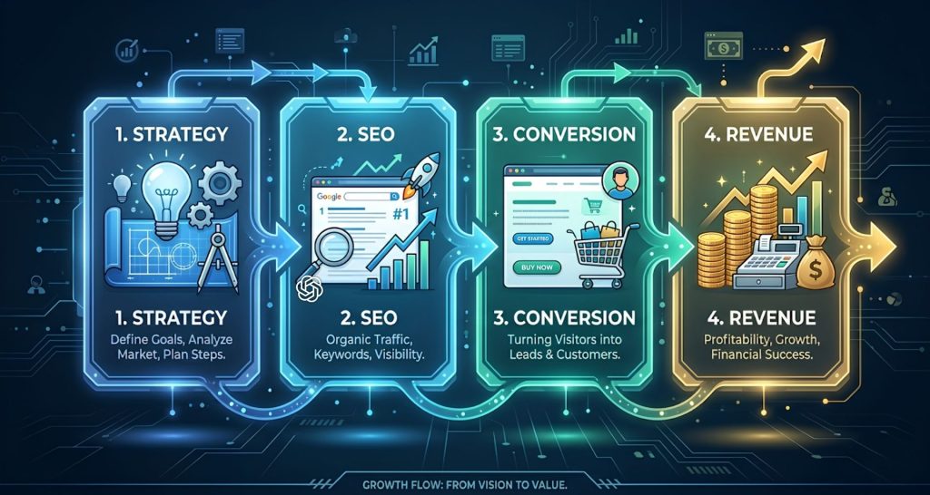 Infographic outlining four business stages: Strategy, SEO, Conversion, Revenue, with icons and descriptions for each step, connected in a linear flow from planning to growth.