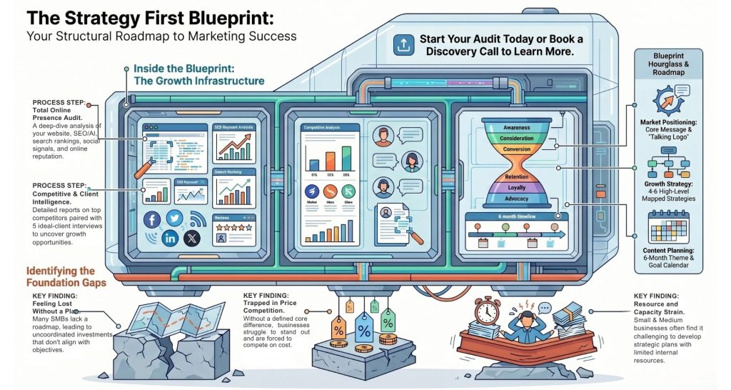 Infographic titled "The Strategy First Blueprint" shows a digital dashboard with charts, graphs, and marketing flow diagrams, outlining steps for auditing and improving marketing strategy and growth infrastructure.