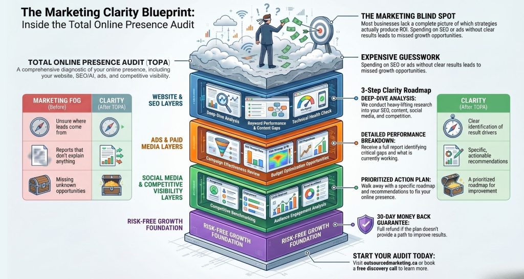 THE TOTAL ONLINE PRESENCE MARKETING AUDIT Infographic illustrates the Marketing Clarity Blueprint, detailing steps and benefits of a 3-step online presence audit, with labeled diagrams and icons representing each phase and associated concepts.