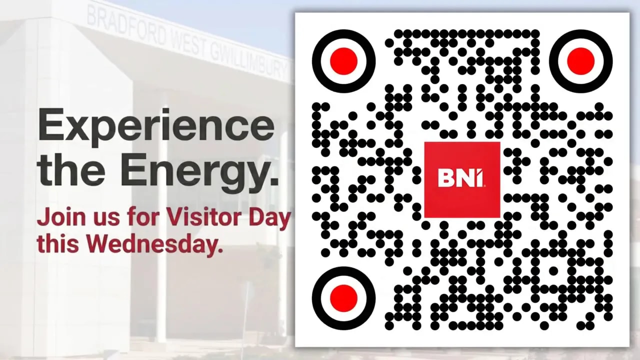 BNI Visitor Day slide with a large QR code and BNI logo over a faded Bradford venue background next to the headline 'Experience the Energy'.