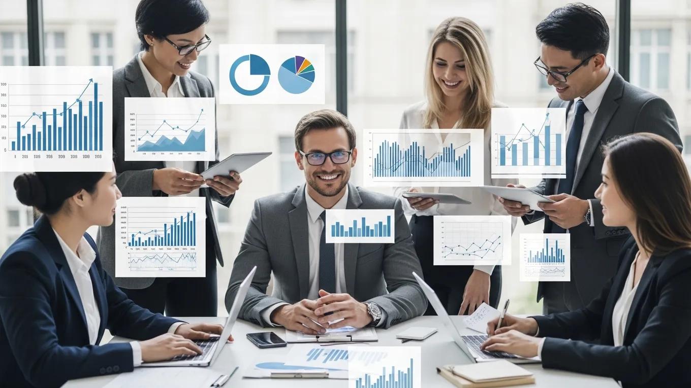 Business professionals collaborating on marketing strategies with a focus on a Fractional CMO