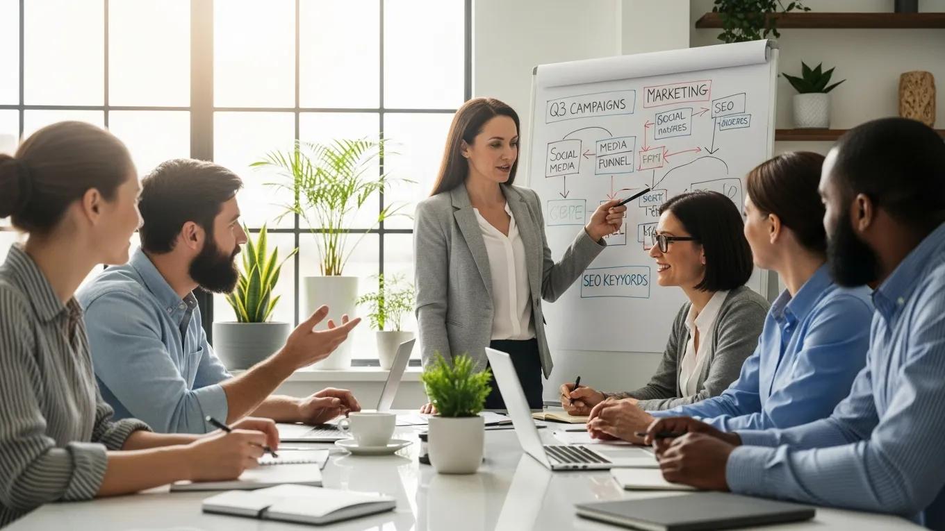 Diverse small business owners collaborating with a fractional CMO in a modern office setting