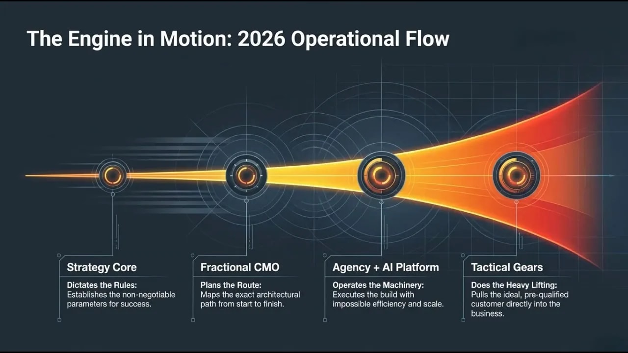 Diagram titled “The Engine in Motion: 2026 Operational Flow” showing Strategy Core, Fractional CMO, Agency + AI Platform, and Tactical Gears