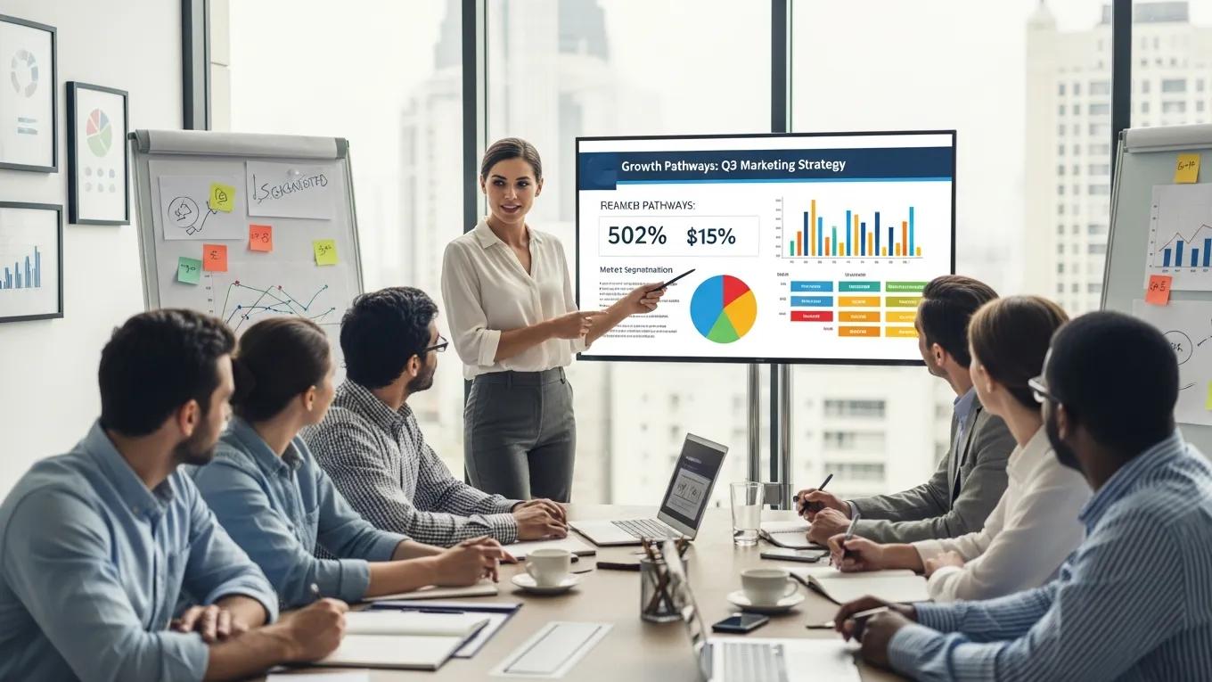 Understanding Fractional CMO services - a fractional cmo presenting marketing strategies to a small business team in a dynamic office environment